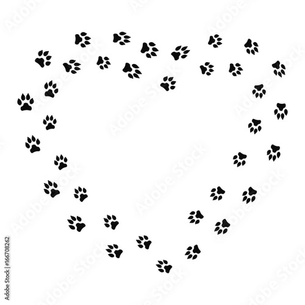 Obraz Heart shape frame with black dog track isolated on white background. Animal footprint silhouette. Border with pet track. Vector illustration.