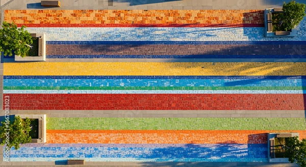 Fototapeta Aerial view of colorful mosaic pavement with trees and seating areas