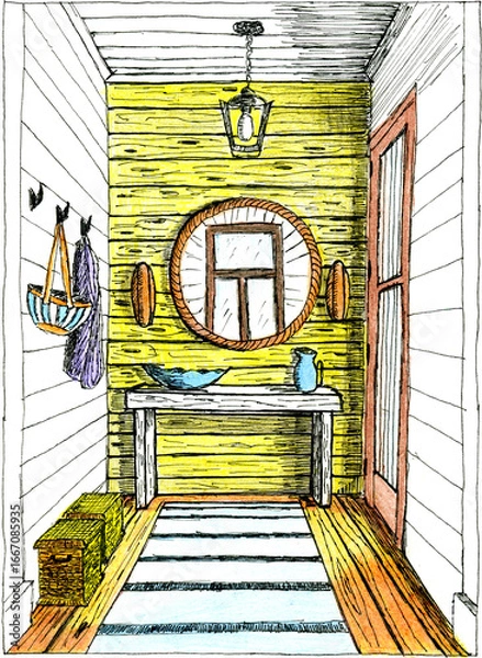 Obraz Cozy Yellow Entryway with Mirror and Nautical Decor Sketch