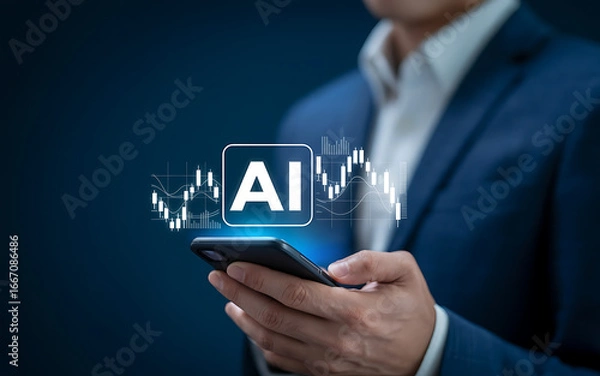 Obraz Ai stock analysis on smartphone held by a suited person on transparent background
