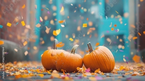 Fototapeta Three pumpkins with confetti falling in front of a blue door backdrop
