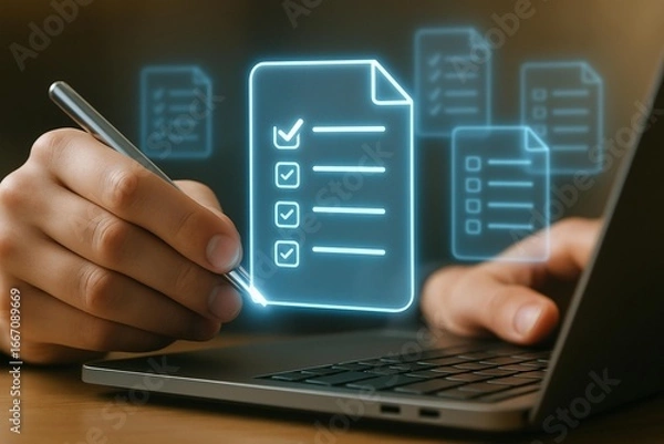 Fototapeta Digital checklist task management on laptop with glowing icons and person writing