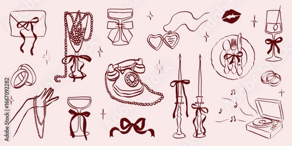 Fototapeta Hand drawn coquette wedding elements. Vintage cute symbols with ribbon and bow in simple crayon sketch style. Trendy art for Valentine day and bachelorette invitations. Aesthetic vector illustration