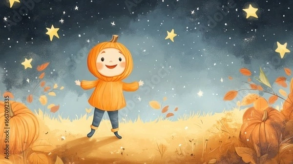Obraz Child in pumpkin costume with stars and falling leaves illustration
