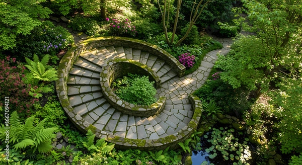 Fototapeta Aerial view of stone spiral staircase in lush green garden setting