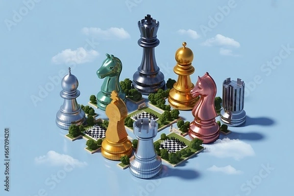 Fototapeta Strategic chess pieces representing teamwork, leadership, and business strategy in a modern conceptual design