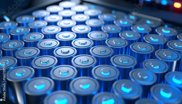 Fototapeta Energy Cell Array: An array of industrial batteries, arranged in neat rows and bathed in an alluring blue glow, symbolizing clean energy, technological advancement, and a sustainable future.