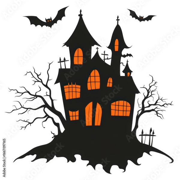 Fototapeta Black and orange house with bats flying around it