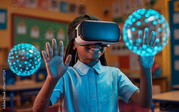 Obraz Girl wearing vr headset interacting with virtual spheres on transparent background