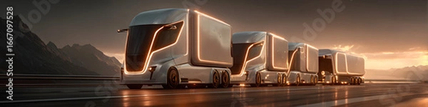 Fototapeta Autonomous Trucks. Futuristic Logistic Fleet on Highay with Self Driving Syste for Cargo Delivery Autonoy