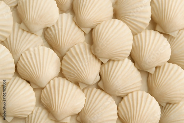 Obraz A close up overhead view of many light beige scallop shells