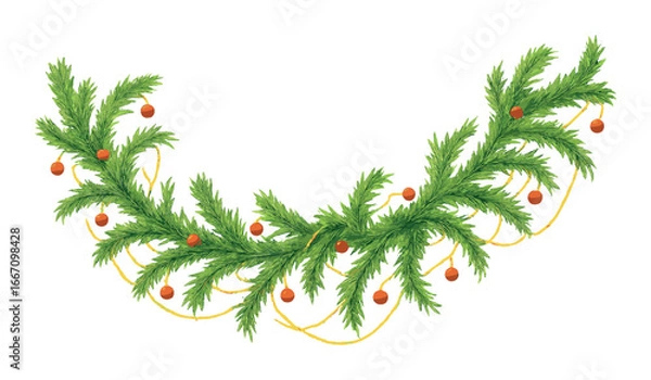 Fototapeta Festive green christmas garland with red ornaments and gold lights on gradient background