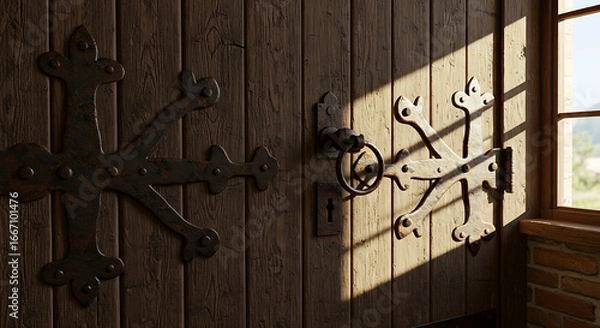Obraz Rustic Wooden Door with Rusted Metal Hardware and Sunlight