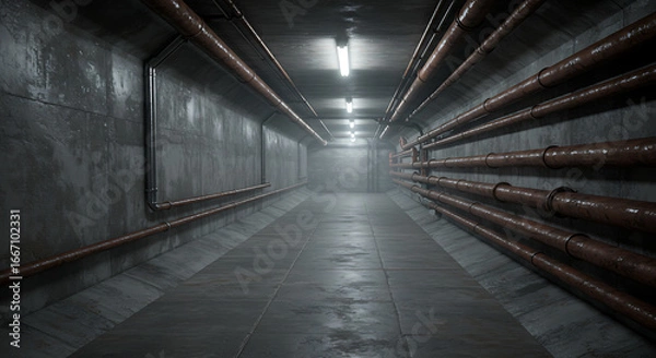 Obraz Empty Industrial Corridor with Rusted Pipes and Concrete Floor