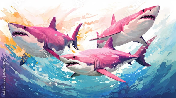 Fototapeta Sharks with wide open mouths swim through splashing water and dynamic colorful paint strokes in a dramatic action-packed ocean encounter