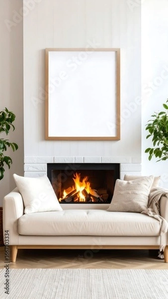 Fototapeta Modern living room with fireplace and empty frame