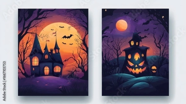 Fototapeta Two halloween themed illustrations with a haunted house and pumpkin man