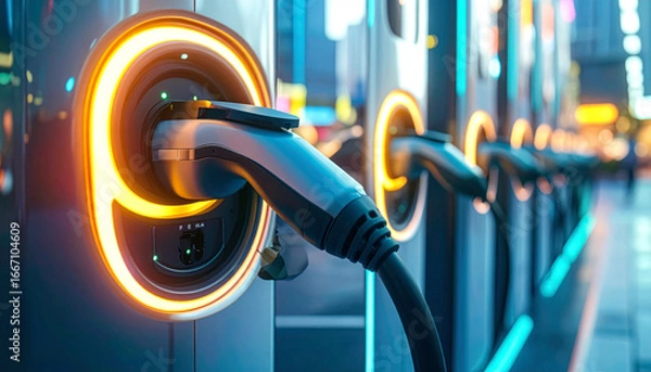 Fototapeta Electrifying the Future: A vibrant, futuristic view of electric vehicle charging stations, highlighting the sleek design and the bright, inviting glow of innovation. 