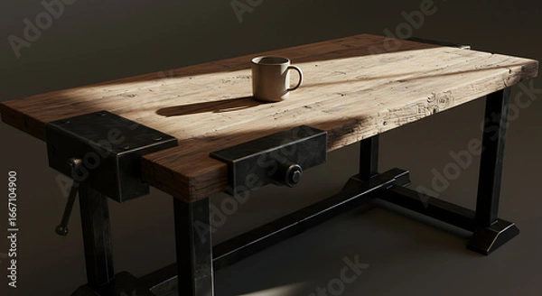 Obraz Rustic Work Table with a Single Empty Mug and Sunlight