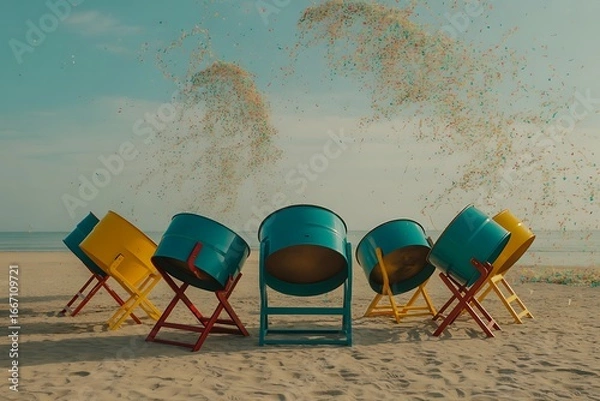 Fototapeta Vibrant steelpan drums with confetti burst on beach, capturing joyful celebration and festive atmosphere