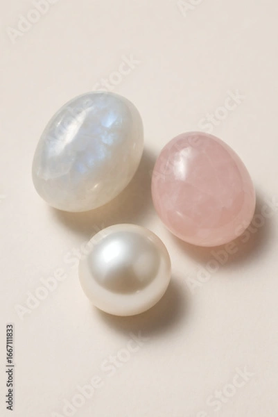 Fototapeta Collection of stones including rose quartz, moonstone and pearl, shot in studio setting. Gemstones for personal spiritual practice.