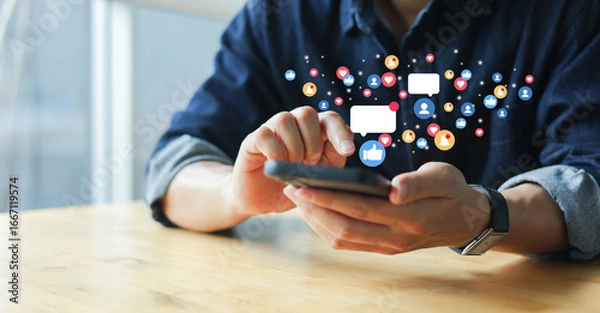 Obraz slow motion scene young man hand use smartphone to check news feed from social media network application while sitting in cafe at relaxing time for city lifestyle concept