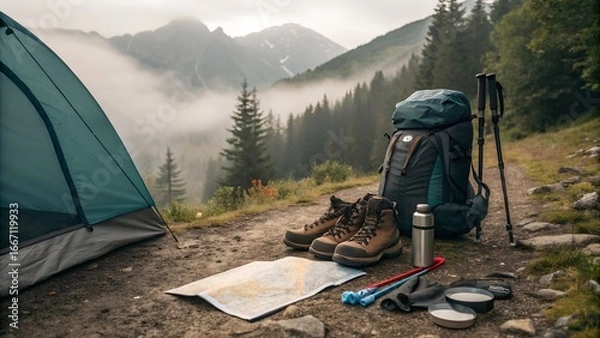 Fototapeta Mountain camping gear set up with scenic misty forest background