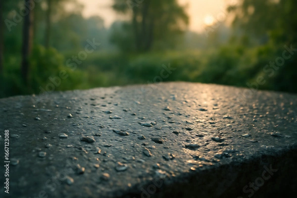 Obraz Dewdrops glistening on a dark surface at sunrise in a forest