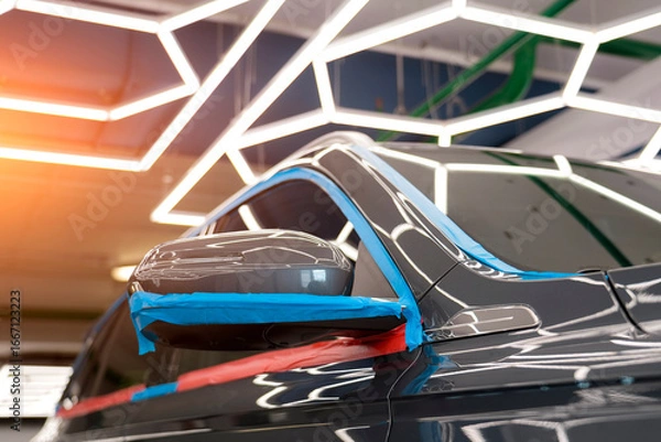 Fototapeta Vehicle in an auto repair shop undergoes detailing. Blue and red tape protects sections for polishing. Bright overhead lights illuminate a shiny, dark gray exterior