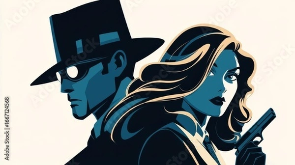 Obraz Stylized illustration of a detective duo, embodying mystery and intrigue in a vintage detective theme.