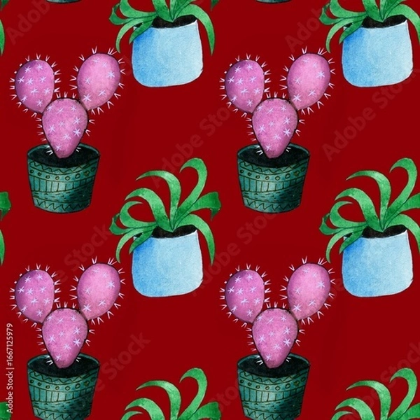Fototapeta Seamless pattern made in watercolor technique with images of different cacti on a red background. For coloring wrapping paper, fabrics, wallpaper and much more.
