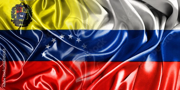 Fototapeta The national flags of Russia and Venezuela are combined into one and placed side by side on a fluttering cotton background. Flags.