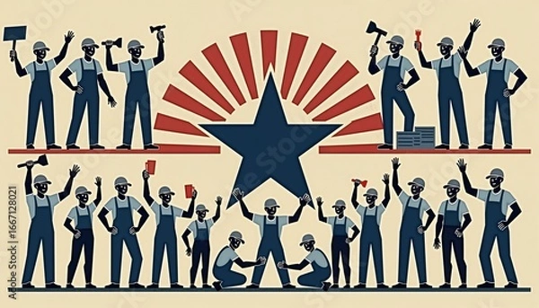 Obraz Construction workers collaborating and celebrating teamwork with tools  