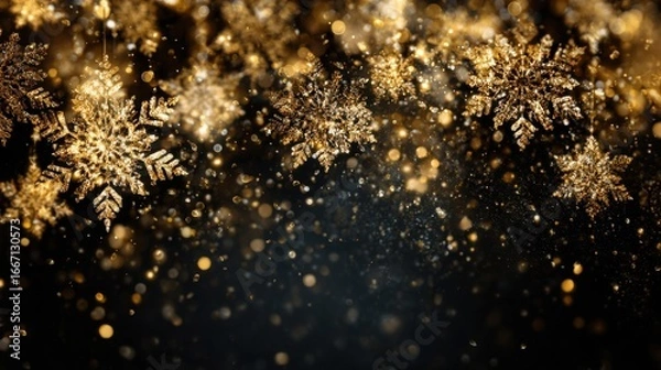 Fototapeta Golden snowflakes drift against a dark background, enhanced by twinkling lights, capturing the joyous spirit of the holiday season and festive celebrations.