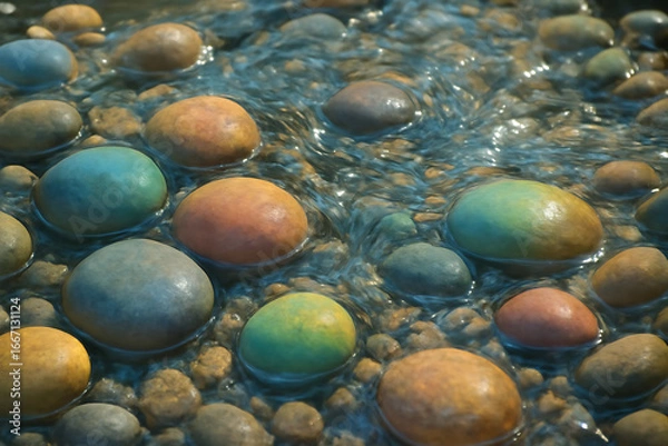 Obraz Smooth colorful river stones glistening under shallow flowing water