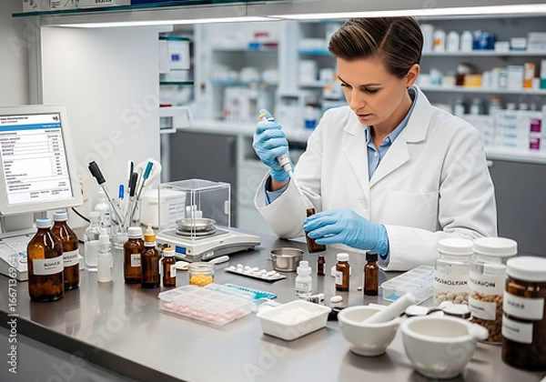 Fototapeta Woman in lab coat using pipette with brown bottle and scale in a laboratory setting with equipment ai generated