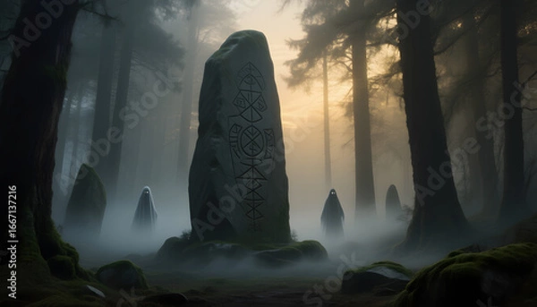 Fototapeta Eerie Forest with Ancient Stone Monoliths and Ghostly Silhouettes