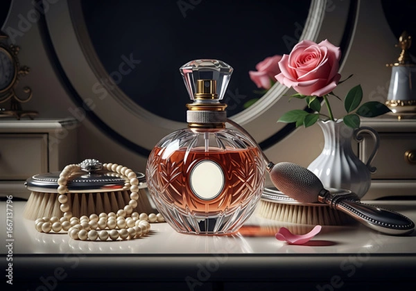 Obraz 1920s Luxury Perfume Bottle Still Life on a Vanity Table - Retro Poster