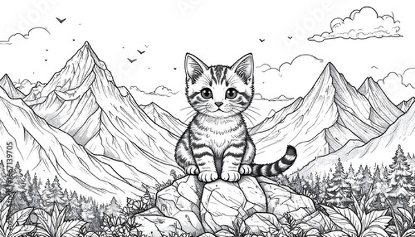 Obraz Cute kitten in mountain landscape
