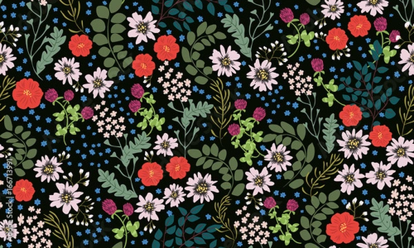 Fototapeta Seamless folk pattern in small wild flowers. Country style millefleurs. Floral meadow background for textile, wallpaper, pattern fills, covers, surface, print, gift wrap, scrapbooking, decoupage.