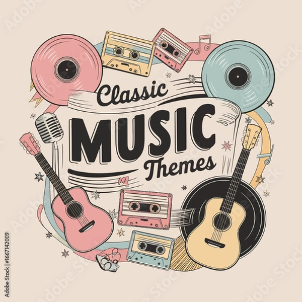 Fototapeta 2d vector illustration art  Retro music guitar with symbol and rock music with colorful  background, Summer t shirt 
