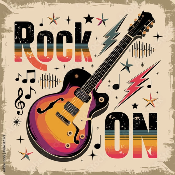 Fototapeta 2d vector illustration art  Retro music guitar with symbol and rock music with colorful  background, Summer t shirt 
