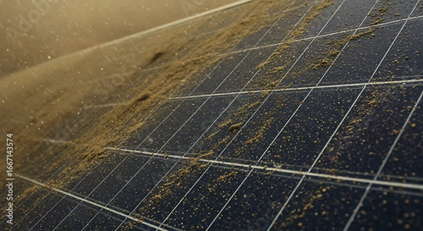 Fototapeta Dust-covered solar panel reduces sunlight absorption, highlighting the need for regular cleaning to maintain energy efficiency in dry environments.
