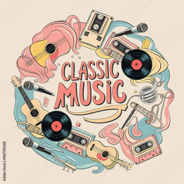 Fototapeta 2d vector illustration art  Retro music guitar with symbol and rock music with colorful  background, Summer t shirt 
