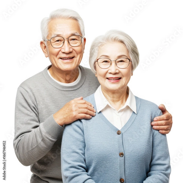 Obraz Joyful elderly couple embracing affectionately with warm smiles and glasses celebrating lifelong companionship isolated on transparent background