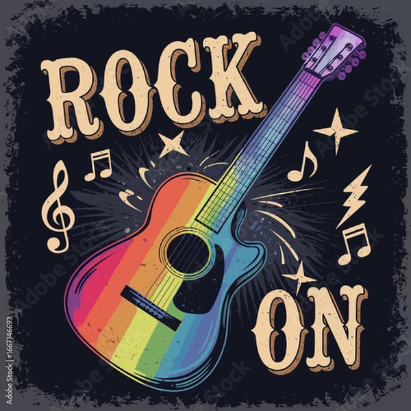 Fototapeta 2d vector illustration art  Retro music guitar with symbol and rock music with colorful  background, Summer t shirt 
