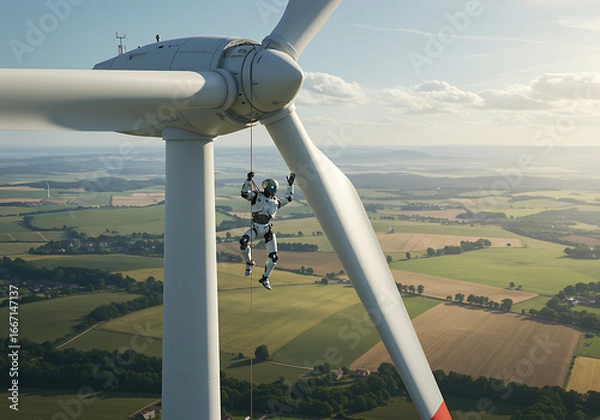 Fototapeta Humanoid robot suspended by rope performing maintenance on wind turbine, showcasing automation in renewable energy infrastructure.