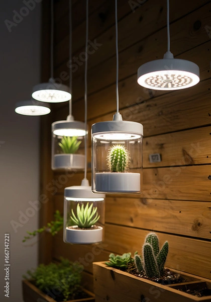 Fototapeta Modern hanging light fixtures with glass enclosures showcase succulents and cacti, blending natural greenery with stylish interior lighting design.