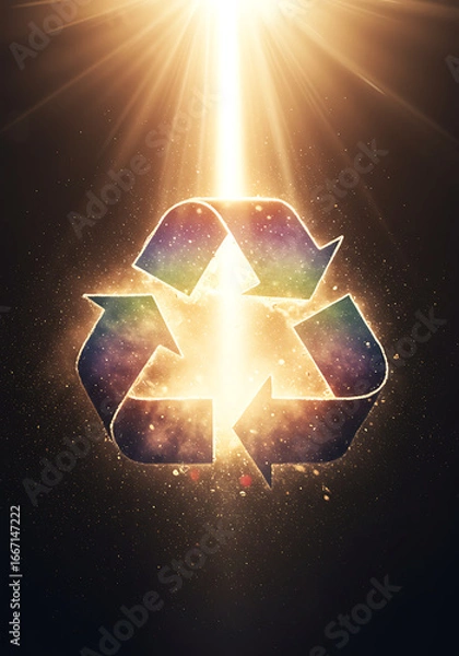 Fototapeta A glowing cosmic recycling symbol illuminated by a radiant beam of light, blending sustainability with a vibrant galaxy-inspired design.