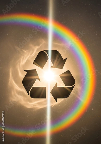 Fototapeta Recycling symbol radiates from a glowing light source, encircled by a vivid rainbow halo, blending sustainability with cosmic energy in a dramatic visual.